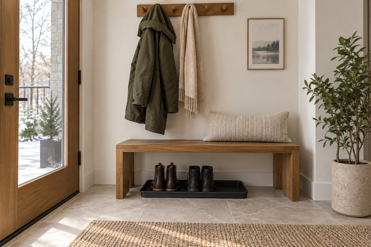 Illustrative compact entryway with an oak bench, coat hooks and boot tray